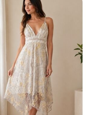 Banjul White and Gold Asymmetrical Lace Dress